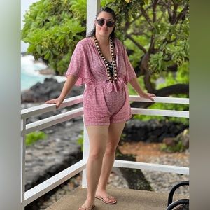 Pink deep V shorts romper